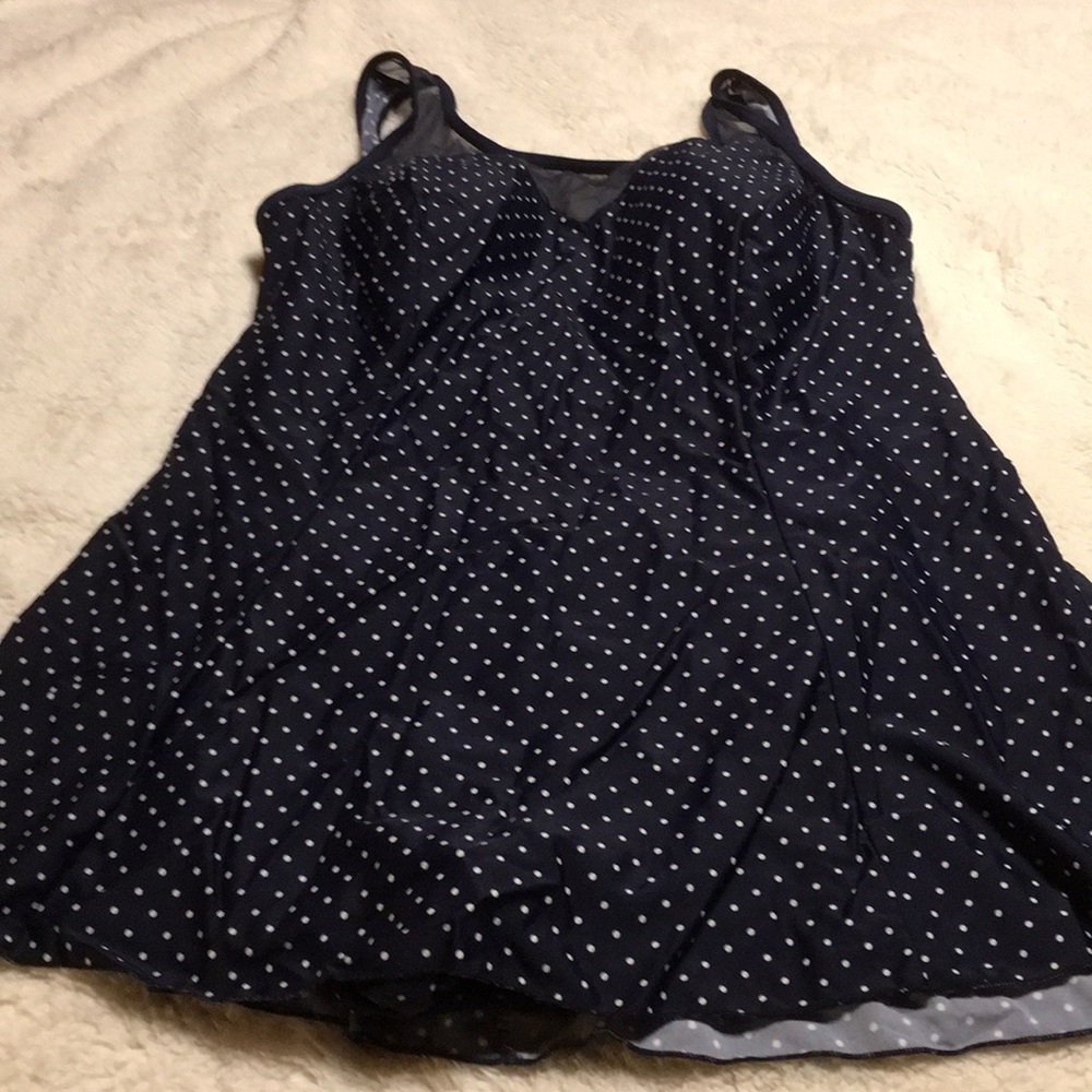 Navy & white polka dot swim dress.